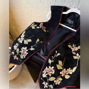 Patricia Wolf hand painted Leather Vest floral design Art to wear One of a kind